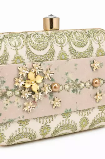 Pastel Floral Embellished Clutch Bag with Jewel & 3D Flower Detail