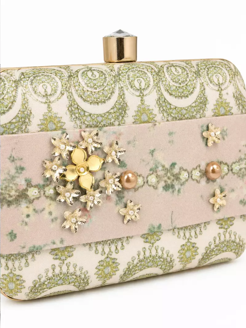 Pastel Floral Embellished Clutch Bag with Jewel & 3D Flower Detail