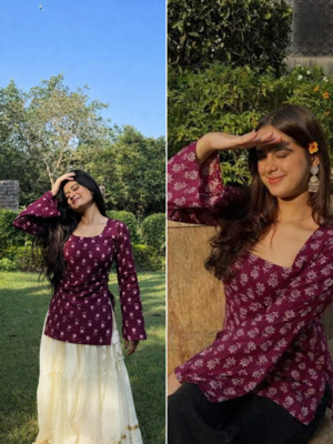 Pack of 2 handmade block printed rayon fabric  short Kurti for women's 1