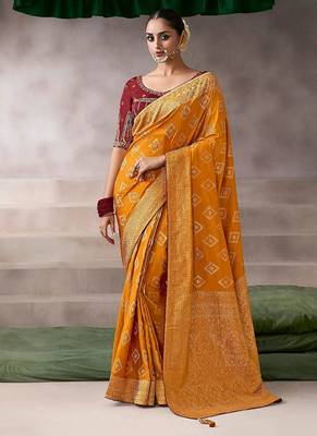 mustard crepe designer saree with patterned blouse 1