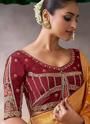 mustard crepe designer saree with patterned blouse 2