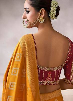 mustard crepe designer saree with patterned blouse 3