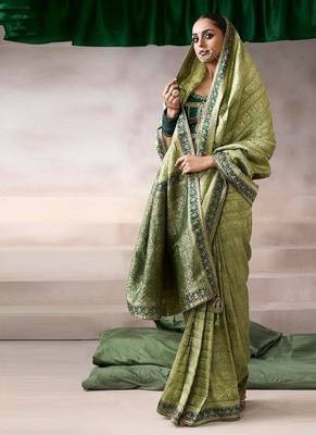 olive crepe designer saree with patterned blouse 1