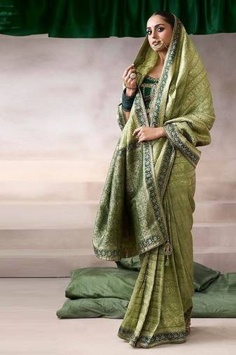 olive crepe designer saree with patterned blouse