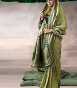 olive crepe designer saree with patterned blouse