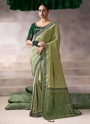 olive crepe designer saree with patterned blouse 2