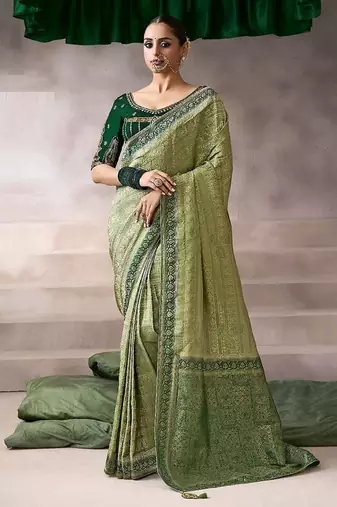 olive crepe designer saree with patterned blouse