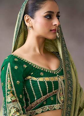 olive crepe designer saree with patterned blouse 3