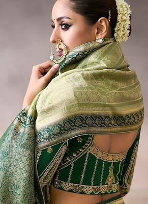 olive crepe designer saree with patterned blouse 4