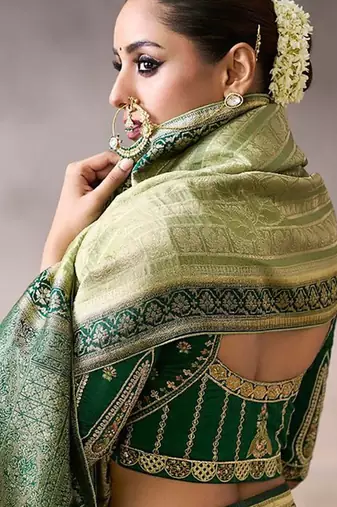 olive crepe designer saree with patterned blouse