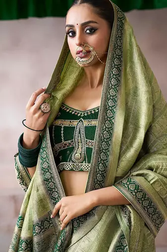 olive crepe designer saree with patterned blouse