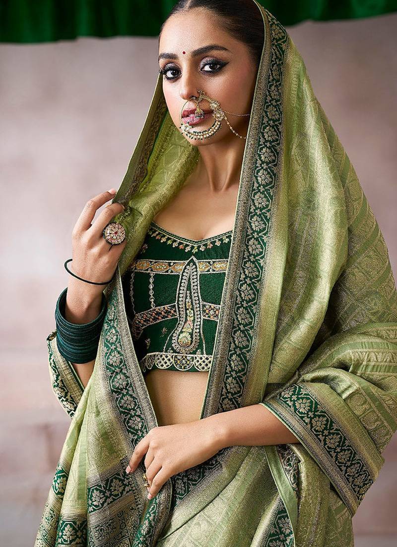 olive crepe designer saree with patterned blouse