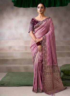 onion pink crepe designer saree with patterned blouse 1