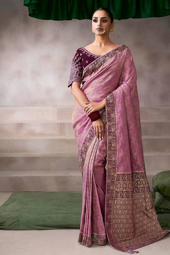 onion pink crepe designer saree with patterned blouse