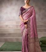 onion pink crepe designer saree with patterned blouse