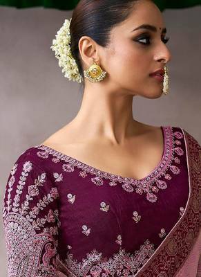 onion pink crepe designer saree with patterned blouse 2