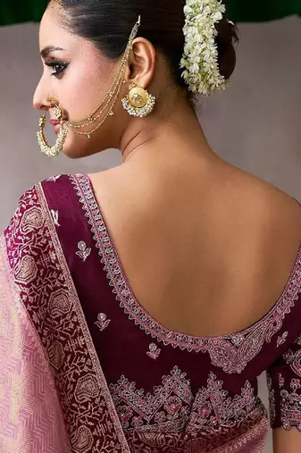 onion pink crepe designer saree with patterned blouse