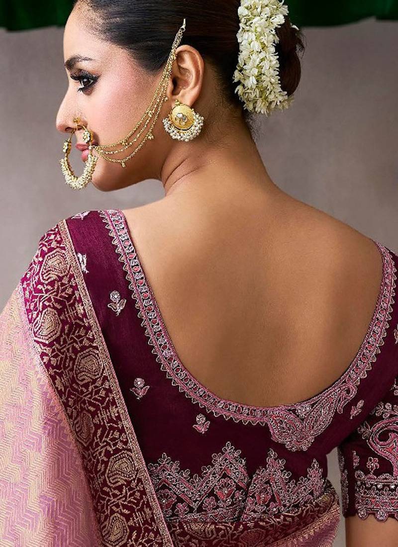 onion pink crepe designer saree with patterned blouse