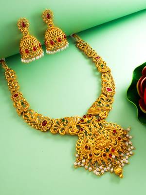 gold plated goddess lakshmi temple necklace set with jhumka earrings 1