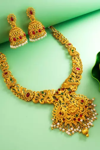 gold plated goddess lakshmi temple necklace set with jhumka earrings