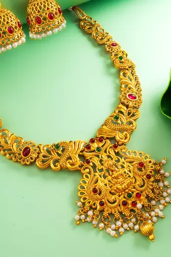 gold plated goddess lakshmi temple necklace set with jhumka earrings