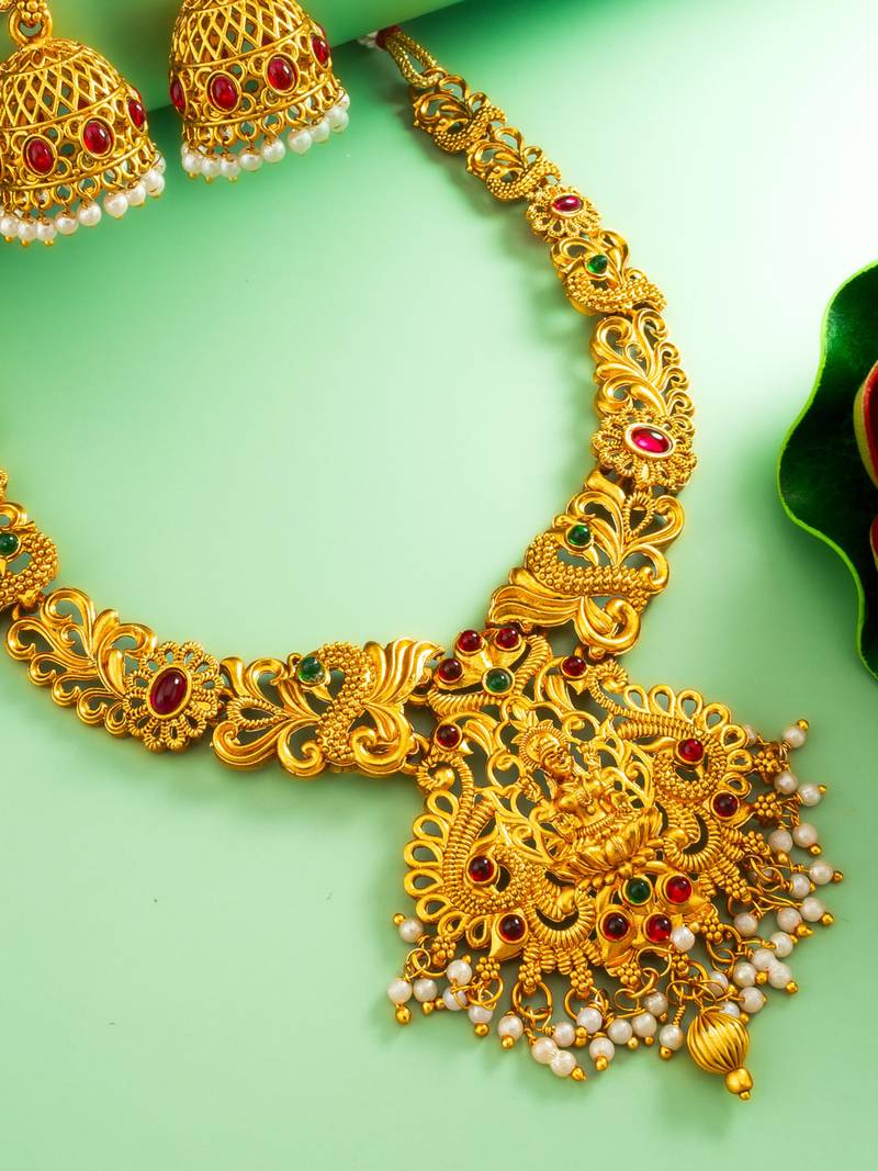 gold plated goddess lakshmi temple necklace set with jhumka earrings