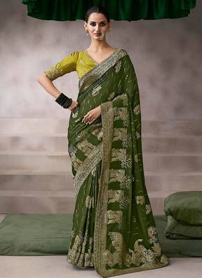 mehndi crepe designer saree with patterned blouse 1