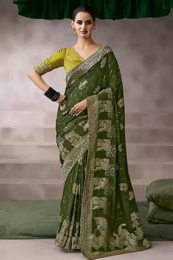 mehndi crepe designer saree with patterned blouse