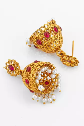 gold plated goddess lakshmi temple necklace set with jhumka earrings
