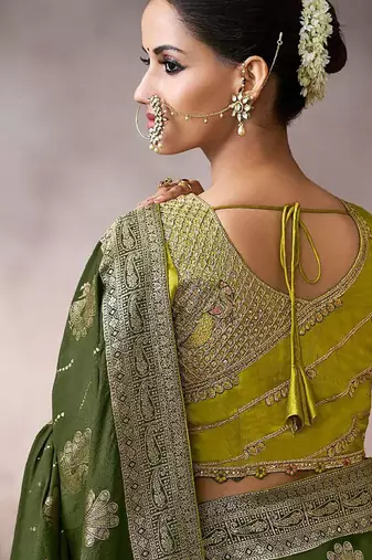 mehndi crepe designer saree with patterned blouse