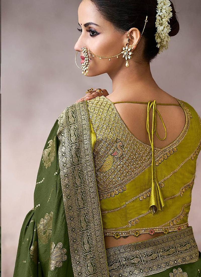 mehndi crepe designer saree with patterned blouse