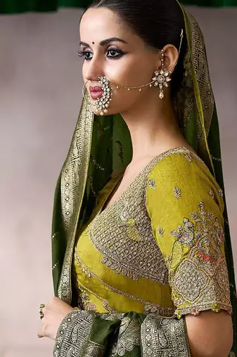 mehndi crepe designer saree with patterned blouse