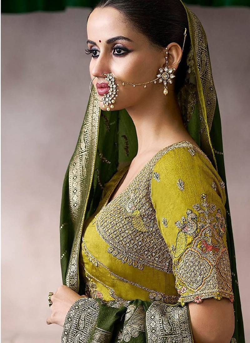 mehndi crepe designer saree with patterned blouse
