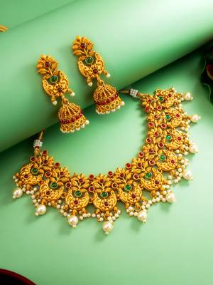 gold plated broad floral choker necklace set with jhumka earrings 1
