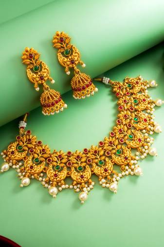 gold plated broad floral choker necklace set with jhumka earrings