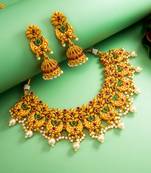 gold plated broad floral choker necklace set with jhumka earrings