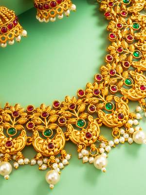 gold plated broad floral choker necklace set with jhumka earrings 2