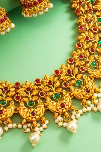 gold plated broad floral choker necklace set with jhumka earrings