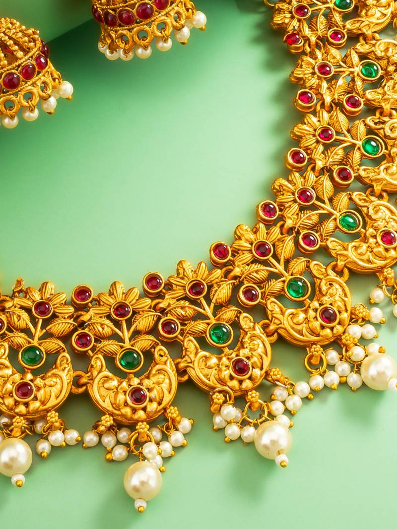 gold plated broad floral choker necklace set with jhumka earrings