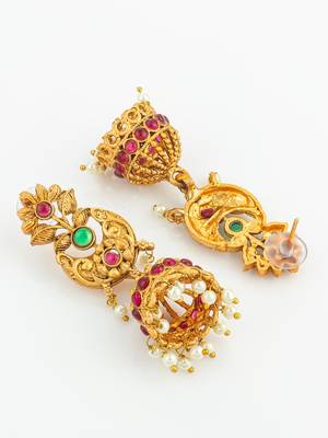 gold plated broad floral choker necklace set with jhumka earrings 3
