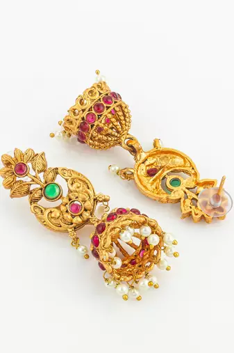 gold plated broad floral choker necklace set with jhumka earrings