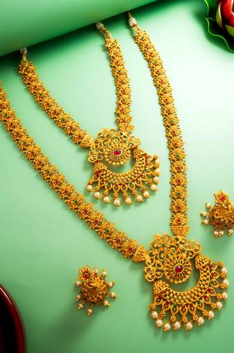 gold plated dual necklace combo set with jhumka earrings