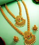gold plated dual necklace combo set with jhumka earrings