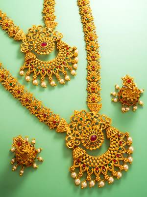 gold plated dual necklace combo set with jhumka earrings 2