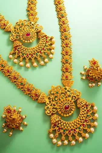 gold plated dual necklace combo set with jhumka earrings