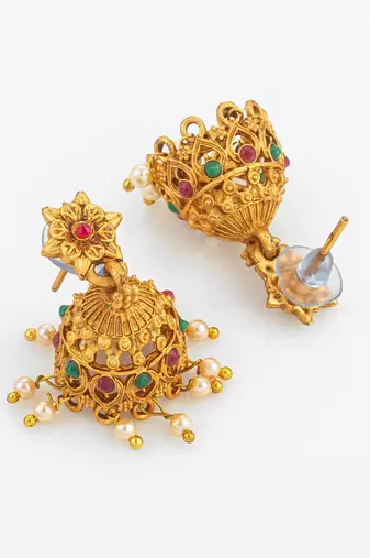 gold plated dual necklace combo set with jhumka earrings