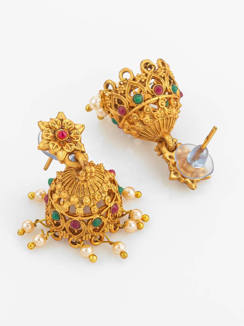 gold plated dual necklace combo set with jhumka earrings