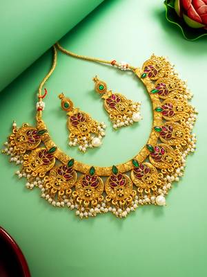 gold plated broad coin-style choker necklace set with earrings 1
