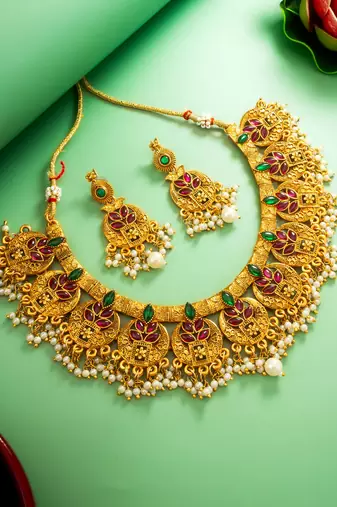 gold plated broad coin-style choker necklace set with earrings