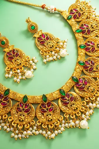 gold plated broad coin-style choker necklace set with earrings